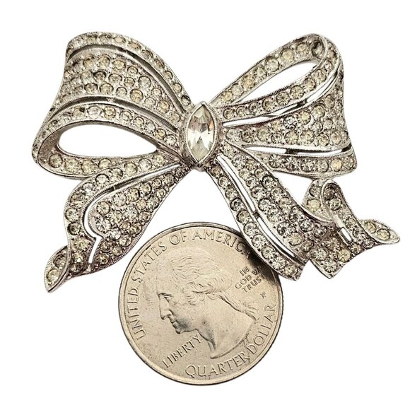 Silver Tone Clear Rhinestone Bow Brooch Rhodium Plated L867 - Picture 6 of 10